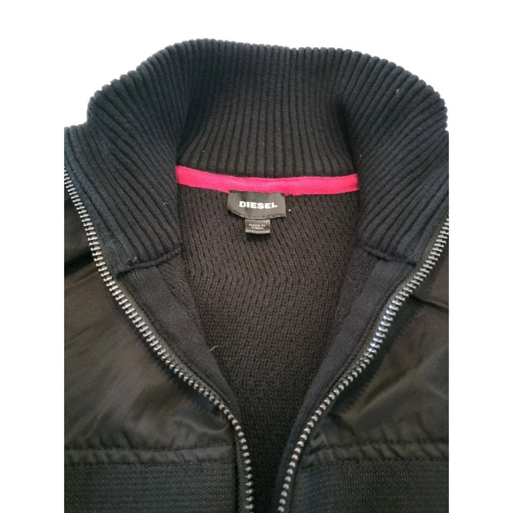 Vintage Diesel Full-Zip Heavyweight Cardigan Sweater Black Chevron Ribbed XL